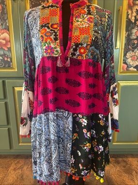 Ananda’s collection-Bohemian Patchwork Tunic in Magenta and Multicolor